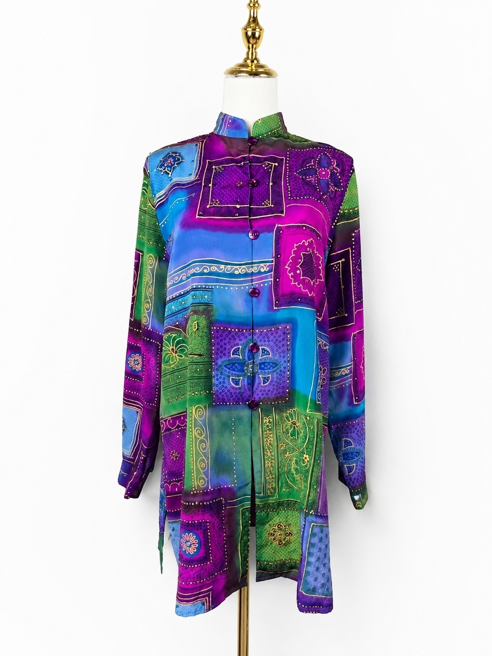 Vintage Diane Gilman 100% Silk Tunic M Jewel Tone Patchwork Art to Wear Y2K